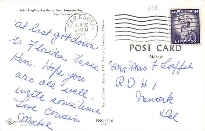 John Ringling Residence Sarasota FL Postcard