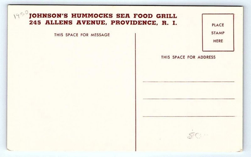 PROVIDENCE, RI Rhode Island ~ State Room JOHNSON'S SEA FOOD GRILL 1950 Postcard