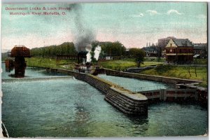 Government Locks & Lock House Muskingum River Marietta OH c1908 Postcard E69