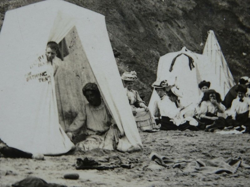 HORNSEA BEACH SCENE Children Families & Bathing Tents c1905 RP Postcard Overton