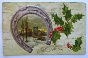 Vintage Christmas Postcard Horseshoe Embossed Falconer New York 1912 Original