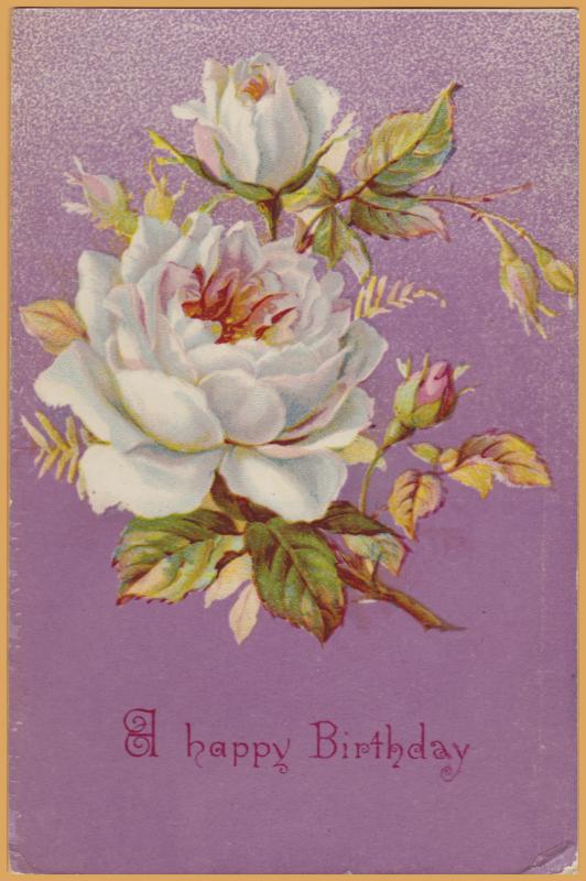 Vintage Birthday-A Happy Birthday White Flowers on Purple Background - 