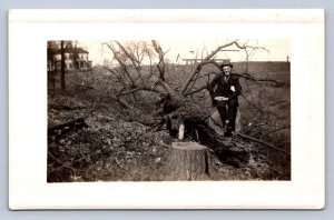 J99/ Rockford Ohio RPPC Postcard c1910 Man Tree Stump  225