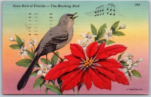 Vtg Florida FL State Bird Mocking Bird Orange Blossom Royal Palm 1950s Postcard