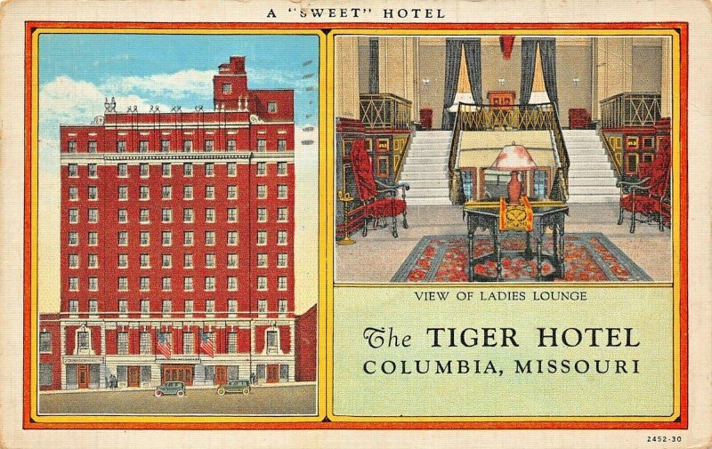 COLUMBIA MISSOURI~TIGER HOTEL~EXTERIOR & LADIES LOUNGE-1935 POSTCARD