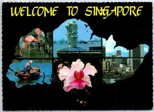 VINTAGE CONTINENTAL SIZED POSTCARD MAP SHAPE SINGAPORE MULTIVIEW POSTED 1982