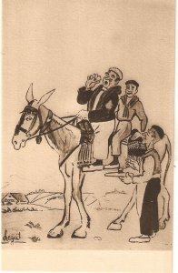 Horses. Basque Country. A refreshing stop  OLd vintage French artist drawn PC