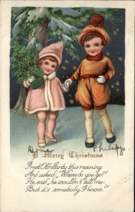 Christmas Little Boy and Girl Hold Hands in Snow Vintage Postcard