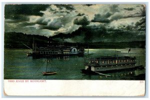 1909 Ohio River By Moonlight Cincinnati OH, Steamer Ship Boat Antique Postcard