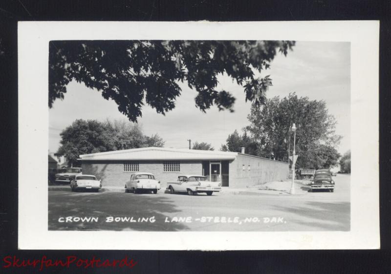 RPPC STEELE NORTH DAKOTA CROWN BOWLING ALLEY 1950's CARS REAL PHOTO POSTCARD