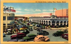 Mexico Second Street Looking West Tijuana Mexico Linen Postcard C290