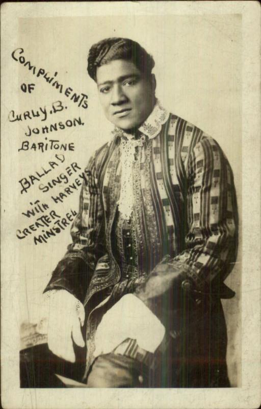 Black Americana Singer Curly B. Johnson Coiffed Hair Fancy Outfit c1920 RPPC