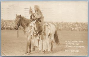 INDIAN WATCHING THE ROUND-UP PENDLETON ORE 1923 VINTAGE REAL PHOTO POSTCARD RPPC