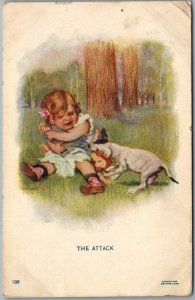 Vintage 1906 DOG Animal Postcard Little Dog Chew's Girl's Doll THE ATTACK