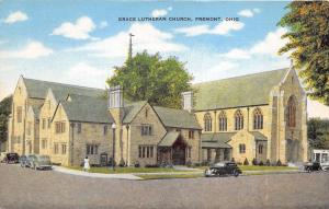 Fremont Ohio~Grace Lutheran Church~Lady on Sidewalk~40s Cars~Postcard