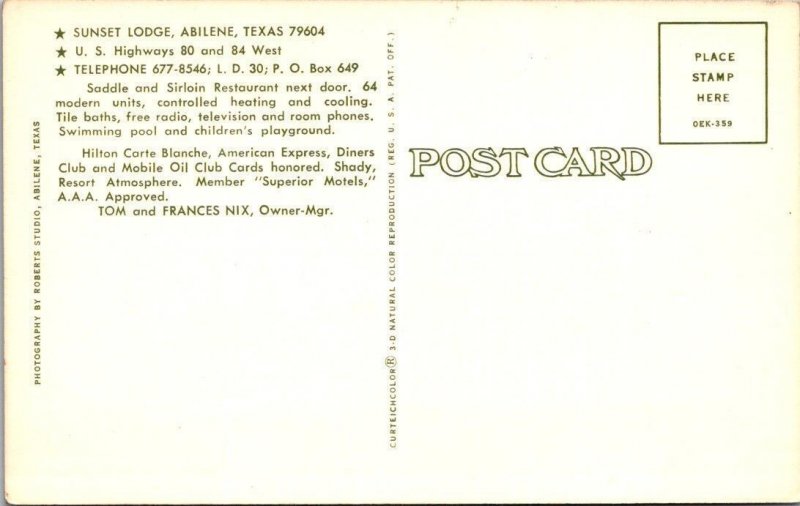 Abilene, TX Texas SUNSET LODGE~Tom Nix  ROADSIDE MOTEL~Pool View CHROME Postcard