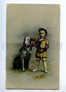 233704 Little Boy & BORZOI Dog w/ Bouquet Vintage postcard