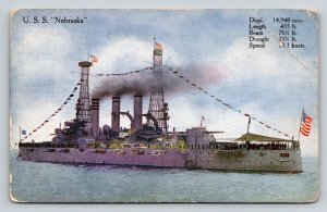 USS Nebraska Battleship WWI Era Postcard Naval Ship Specs German Made