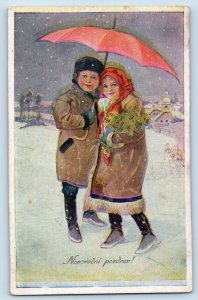 Czech Republic Postcard New Year Couple With Holly Berries Winter Scene c1910's