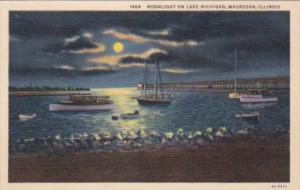 Illinois Waukegan Moonlight On Lake Michigan 1942 Curteich