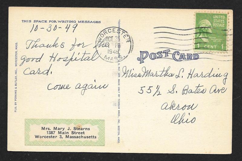 Saint Vincent Hospital Worcester MA used c1949