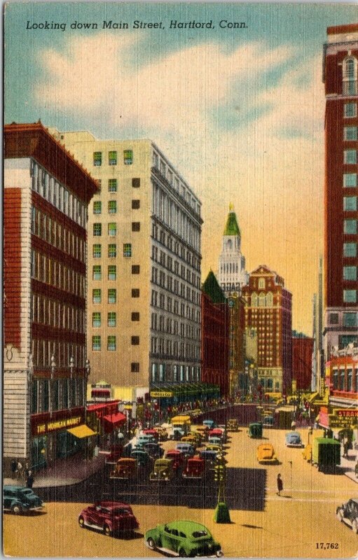 Main Street Hartford Connecticut Birds Eye View Old Cars Linen Vintage Postcard 