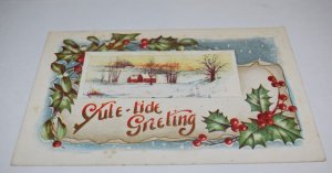Yule-tide Greeting Christmas Winter Scene Holly Border Embossed Postcard