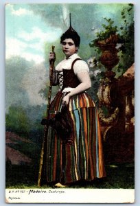 Portugal Postcard Woman with Stick Traditional Dress Costume c1910 Antique