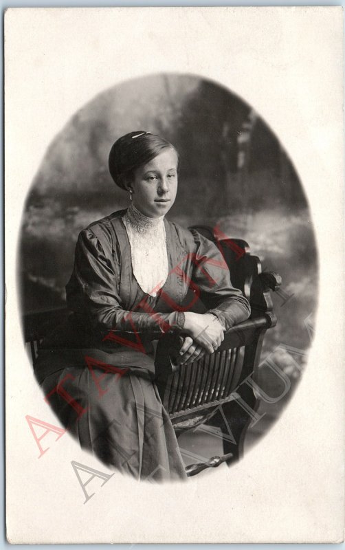 1910s Nice Young Lady Sitting Portrait RPPC Freckle High Collar Blouse Lace A192