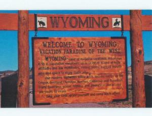 Unused Pre-1980 WELCOME TO WYOMING SIGN State Of Wyoming WY E5610