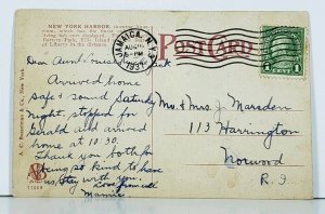 New York Harbor 1937 to Norwood Rhode Island Postcard J11