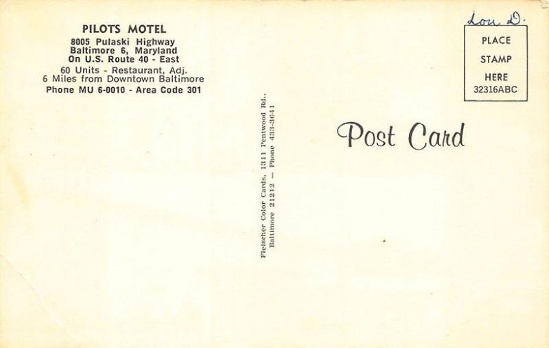 Baltimore MD Pilots Motel Multi-View Television Postcard