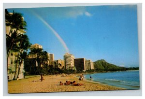 Vintage 1984 Postcard Colorful Rainbow Over Waikiki Beach Honolulu Hawaii