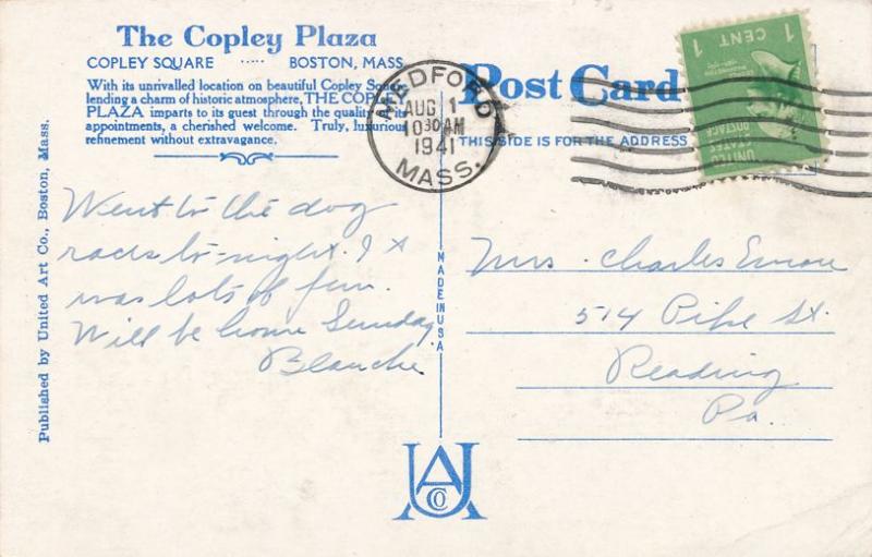 Copley Plaza Hotel - Copley Square - Boston MA, Massachusetts - pm 1941 - WB