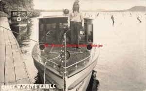 Native American Mohawk Indian, RPPC, Chief White Eagle Standing on a Boat