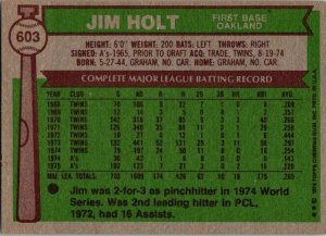 1976 Topps Baseball Card Jim Holt Oakland Athletics sk13372