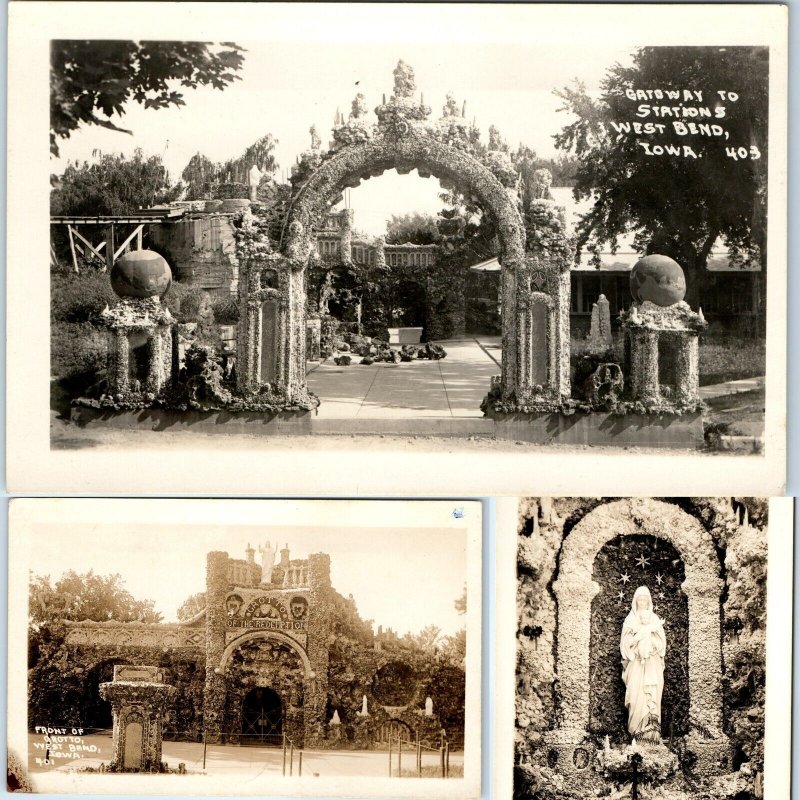 x2 LOT c1930s West Bend, IA RPPC Grotto of Redemption Front Gateway PC Set A106