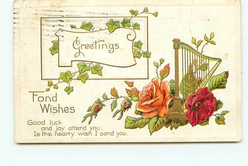 Postcard Greeting Roses Harp Ivy 1911 Embossed    # 2788A