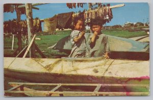State View~Arctic Region Alaska~Eskimo Children in Sealskin Kayak~Vintage PC