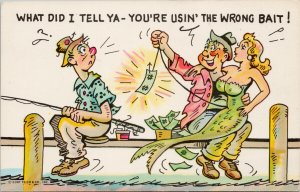 Fishermen Comic Sexy Mermaid 'Using Wrong Bait' Money Risque Unused Postcard G75