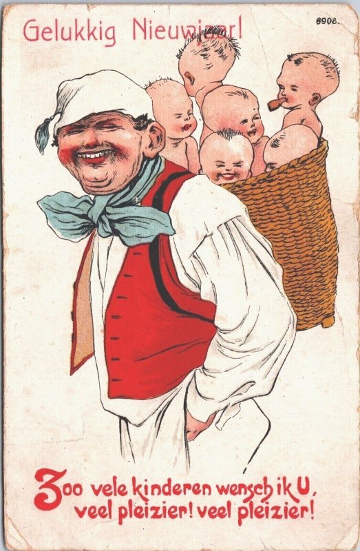 Happy New Year Men With Babies In A Basket Vintage Postcard 02.98