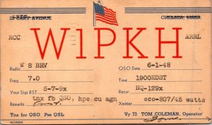 VINTAGE POSTCARD HAM RADIO CALLING CARD W1PKH FROM HINGHAM MASSACHUSETTS 1948