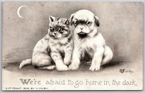 Vtg Artist Signed V Colby Puppy Kitten Afraid To Go Home In The Dark Postcard