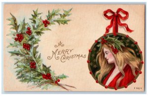 c1905 Merry Christmas Pretty Woman Holly Berries Rotograph Antique Postcard