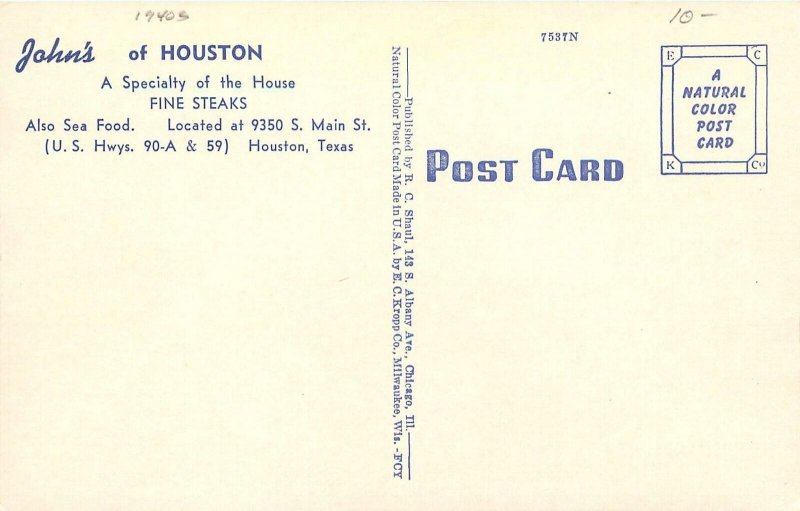 Houston Texas John's restaurant interior occupation Shaul Kropp Postcard 24-8629