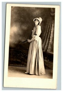 Vintage 1910's RPPC Postcard Studio Portrait Woman Holding Hand Fan Tulia Texas