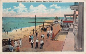 OCEAN CITY MARYLAND MD~BOARDWALK & BEACH LOOKING SOUTH~1920s POSTCARD