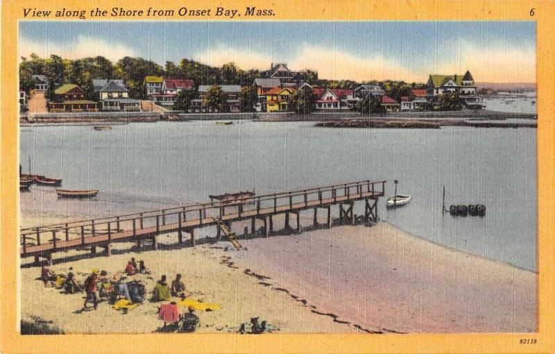 Onset Bay Massachusetts view of beach shore pier linen antique pc Z42627