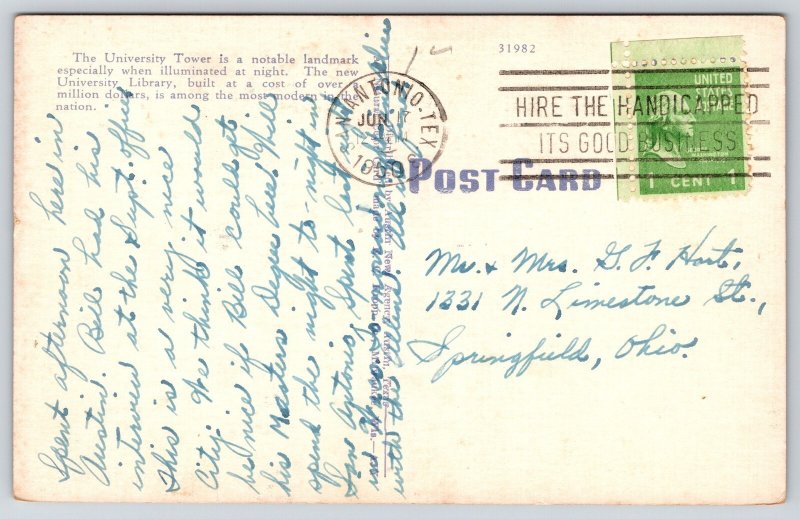 Austin Texas~University Tower Night View~Clock~Beaux Arts~Linen 1950 Postcard