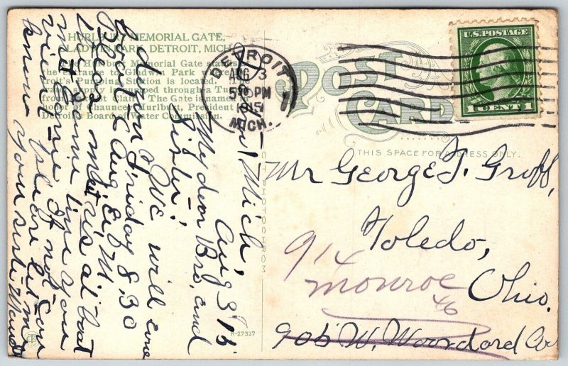 Detroit Michigan 1915 Postcard Hurlburt Memorial Gate Gladwin Park